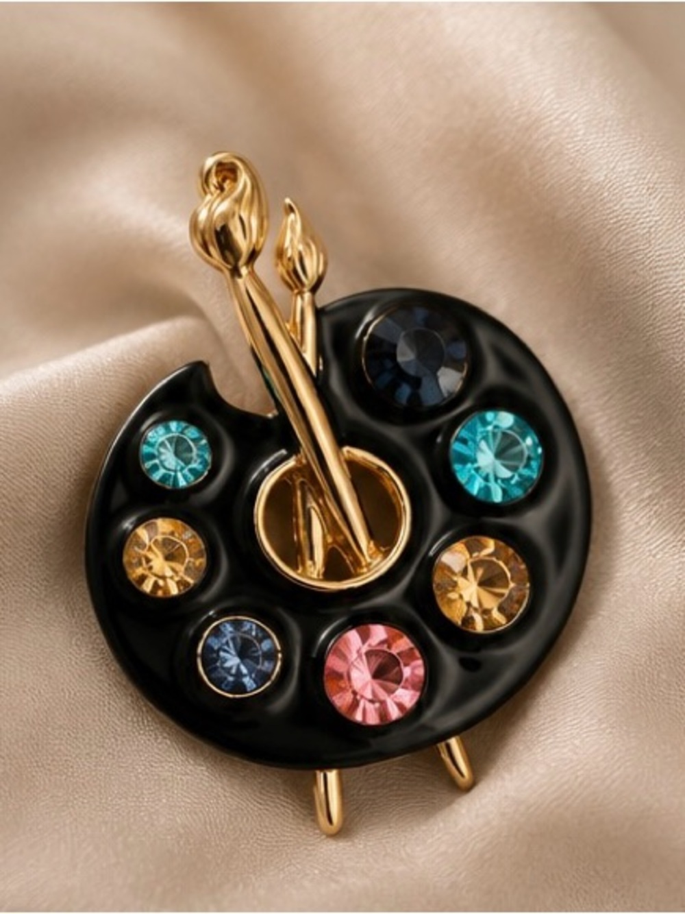 Artist Palette Brooch with Colorful Rhinestone Paintbrush Design